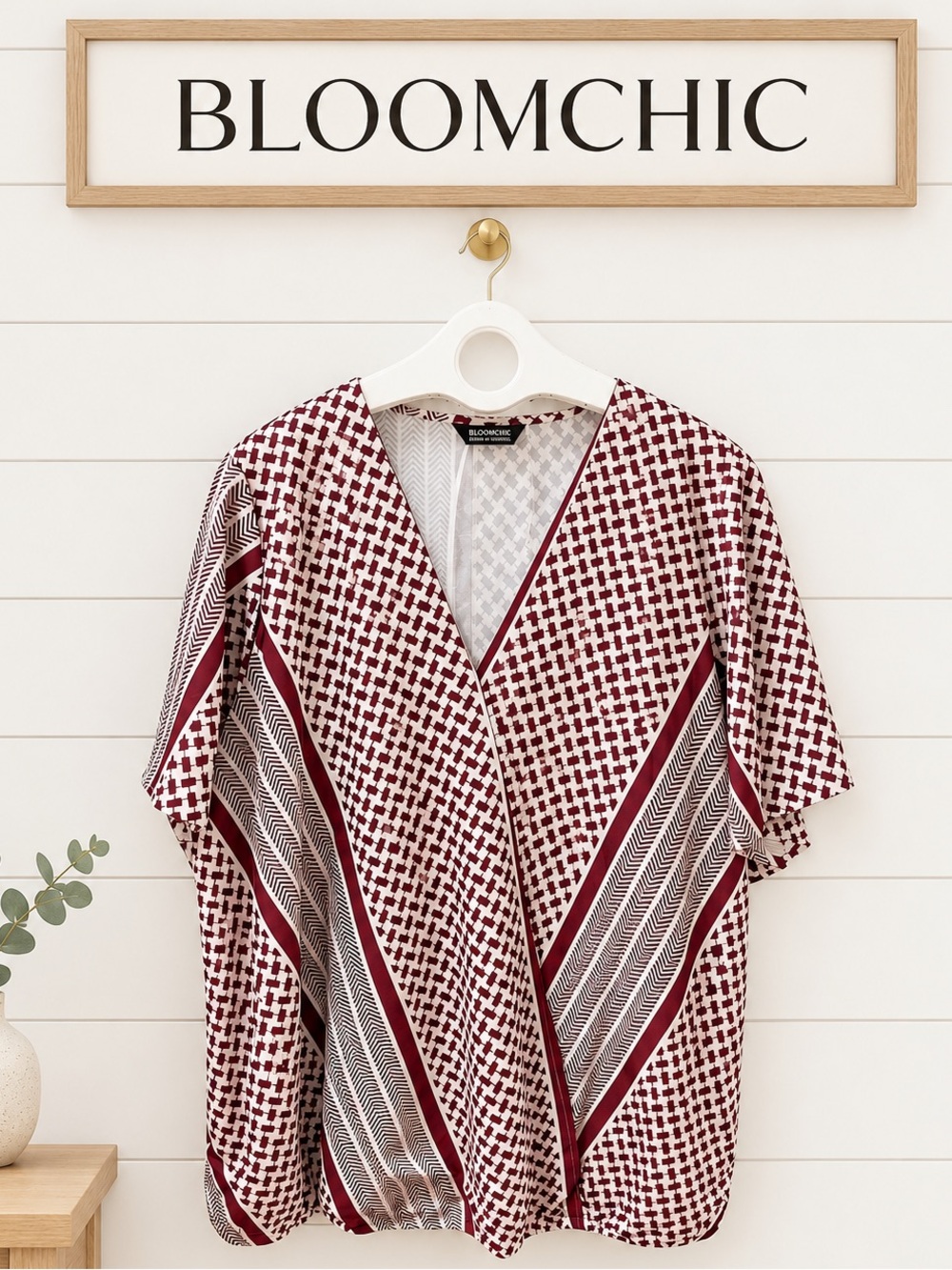 BLOOMCHIC Burgundy & White Geometric Blouse 18-20